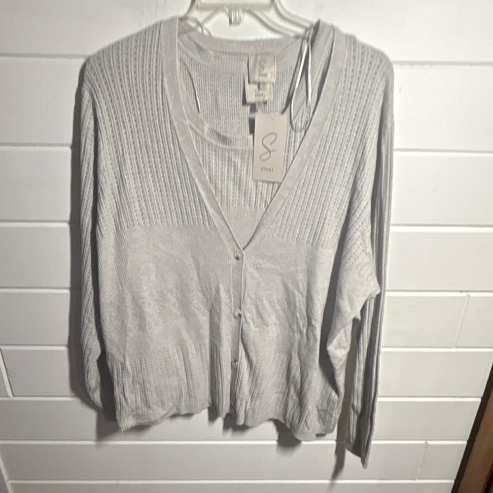 Sioni Gray Lightweight Knit Cardigan Sweater V-Neck Plus 3X Long Sleeve